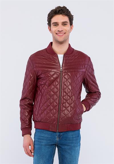 Basics And More Basics&More Men Quilted Burgundy Genuine Leather Jacket - YNS45