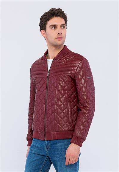 Basics And More Basics&More Men Quilted Burgundy Genuine Leather Jacket - YNS45