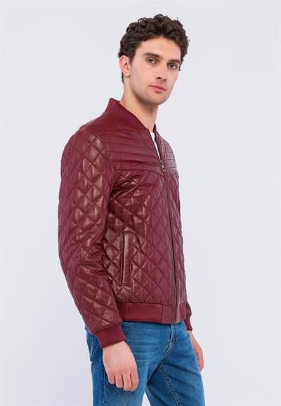 Basics And More Basics&More Men Quilted Burgundy Genuine Leather Jacket - YNS45