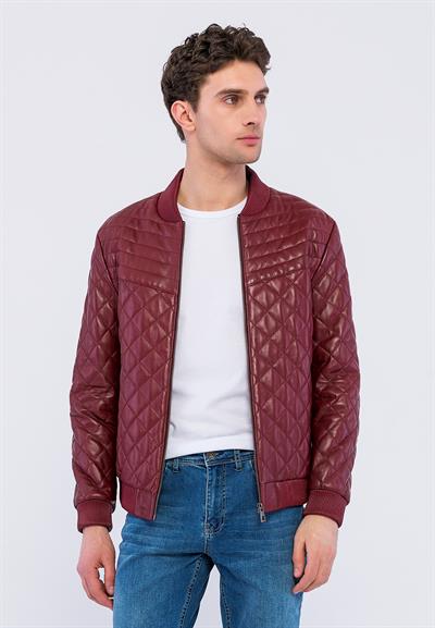 basics and more Basics&More Men Quilted Burgundy Genuine Leather Jacket - YNS45