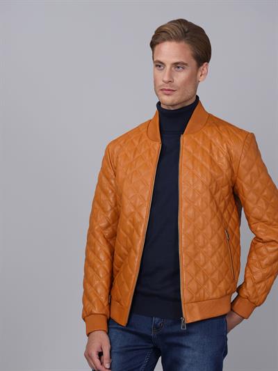 Basics And More Basics&More Men Quilted Camel Leather Jacket - E10031