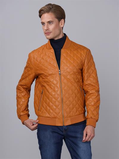 Basics And More Basics&More Men Quilted Camel Leather Jacket - E10031