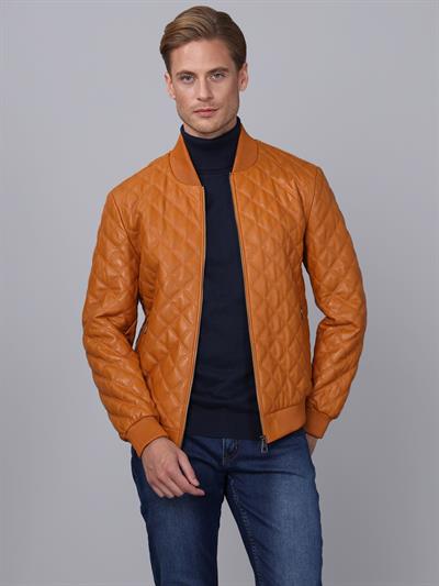 basics and more Basics&More Men Quilted Camel Leather Jacket - E10031