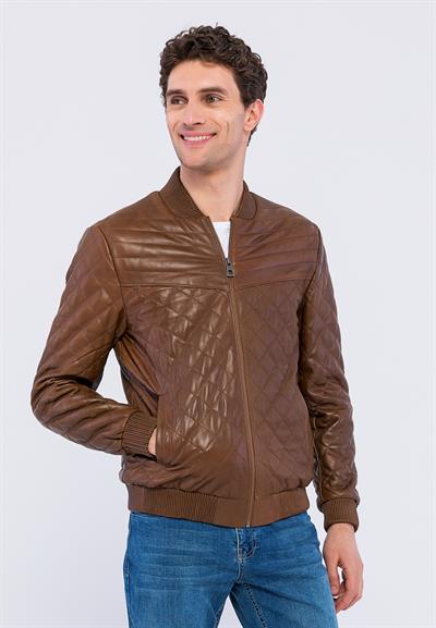 Basics And More Basics&More Men Quilted Chestnut Genuine Leather Jacket - YNS45