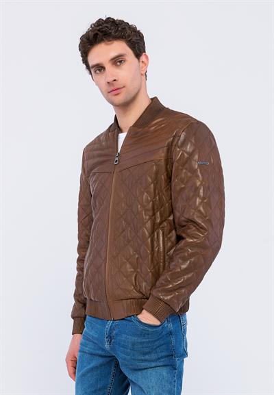 Basics And More Basics&More Men Quilted Chestnut Genuine Leather Jacket - YNS45