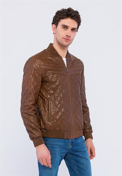 Basics And More Basics&More Men Quilted Chestnut Genuine Leather Jacket - YNS45