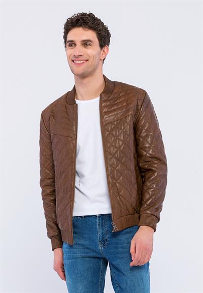 basics and more Basics&More Men Quilted Chestnut Genuine Leather Jacket - YNS45