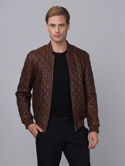 Basics And More Basics&More Men Quilted Chestnut Leather Jacket - E10031
