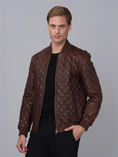 Basics And More Basics&More Men Quilted Chestnut Leather Jacket - E10031