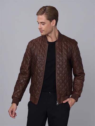 Basics And More Basics&More Men Quilted Chestnut Leather Jacket - E10031