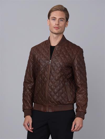 basics and more Basics&More Men Quilted Chestnut Leather Jacket - E10031