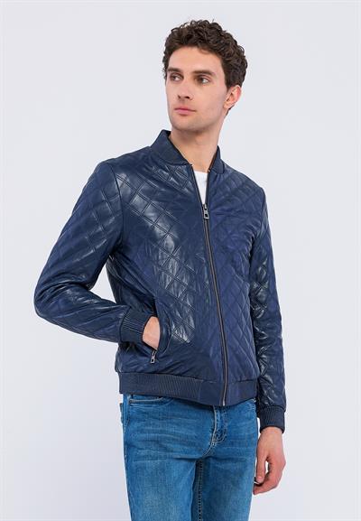 Basics And More Basics&More Men Quilted Dark Blue Leather Jacket - E10031