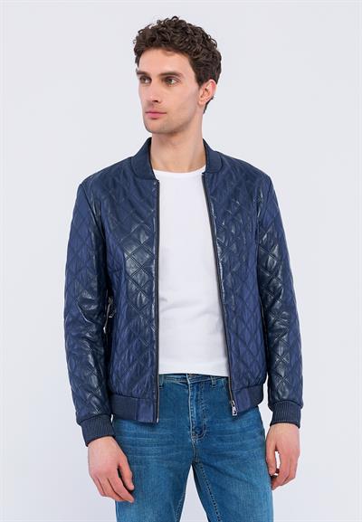 Basics And More Basics&More Men Quilted Dark Blue Leather Jacket - E10031