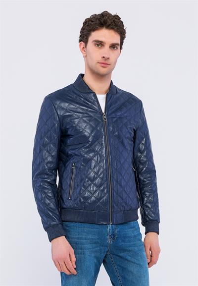 basics and more Basics&More Men Quilted Dark Blue Leather Jacket - E10031