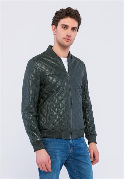 Basics And More Basics&More Men Quilted Green Leather Jacket - E10031