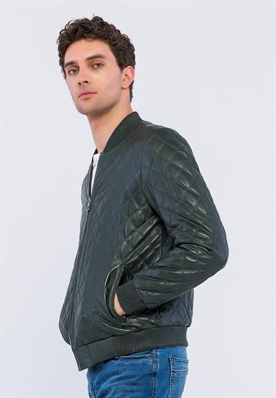 Basics And More Basics&More Men Quilted Green Leather Jacket - E10031