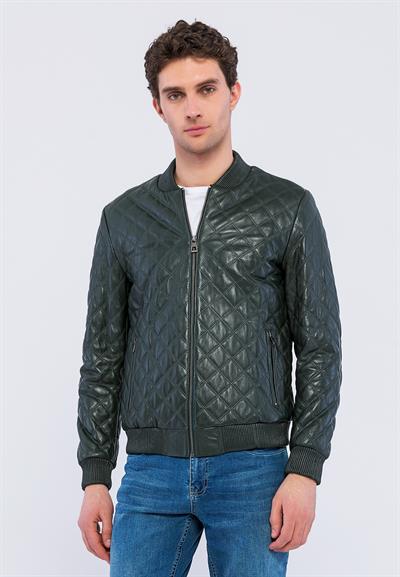 basics and more Basics&More Men Quilted Green Leather Jacket - E10031