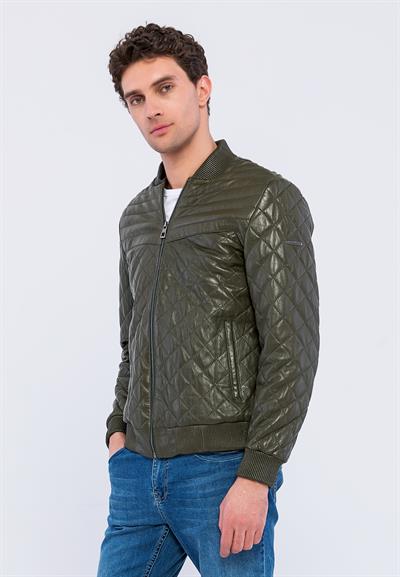 Basics And More Basics&More Men Quilted Khaki Genuine Leather Jacket - YNS45