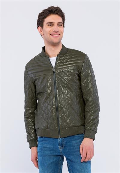 Basics And More Basics&More Men Quilted Khaki Genuine Leather Jacket - YNS45