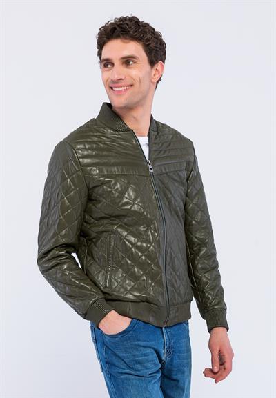 Basics And More Basics&More Men Quilted Khaki Genuine Leather Jacket - YNS45