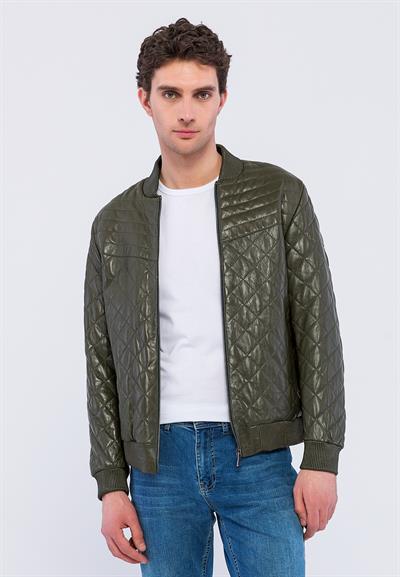 basics and more Basics&More Men Quilted Khaki Genuine Leather Jacket - YNS45