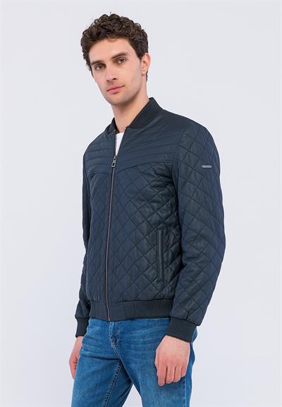 Basics And More Basics&More Men Quilted Navy Taffeta Genuine Leather Jacket - YNS45