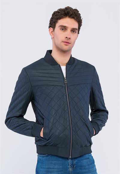 Basics And More Basics&More Men Quilted Navy Taffeta Genuine Leather Jacket - YNS45