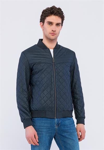 Basics And More Basics&More Men Quilted Navy Taffeta Genuine Leather Jacket - YNS45