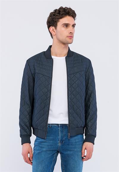 basics and more Basics&More Men Quilted Navy Taffeta Genuine Leather Jacket - YNS45
