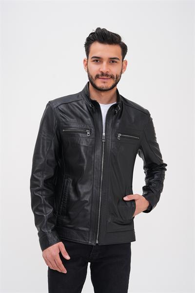 Basics And More Basics&More Men's Black Leather Jacket - Zippered