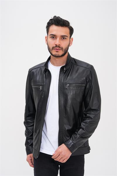 basics and more Basics&More Men's Black Leather Jacket - Zippered