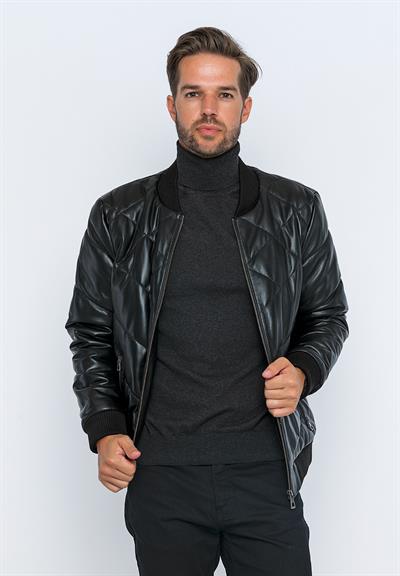 Basics And More Basics&More Men's Bomber Black Leather Jacket - E30013