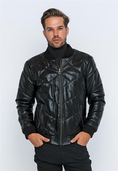 basics and more Basics&More Men's Bomber Black Leather Jacket - E30013