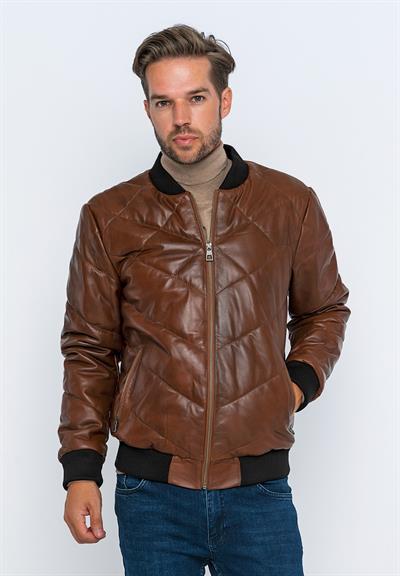 basics and more Basics&More Men's Bomber Chestnut Leather Jacket - E30013