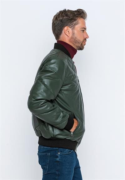 Basics And More Basics&More Men's Bomber Dark Green Leather Jacket - E30013