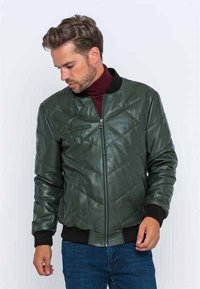 Basics And More Basics&More Men's Bomber Dark Green Leather Jacket - E30013
