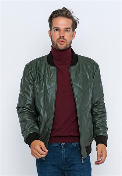 Basics And More Basics&More Men's Bomber Dark Green Leather Jacket - E30013
