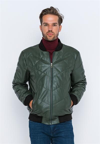 basics and more Basics&More Men's Bomber Dark Green Leather Jacket - E30013