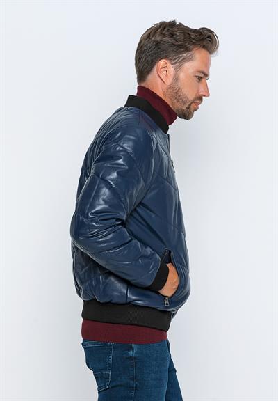 Basics And More Basics&More Men's Bomber Dark Navy Blue Leather Jacket - E30013