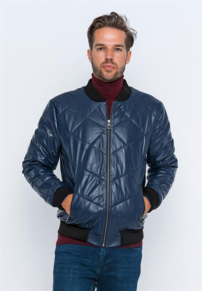 Basics And More Basics&More Men's Bomber Dark Navy Blue Leather Jacket - E30013