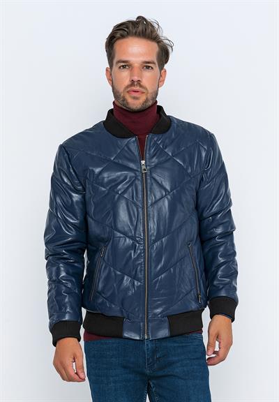 basics and more Basics&More Men's Bomber Dark Navy Blue Leather Jacket - E30013