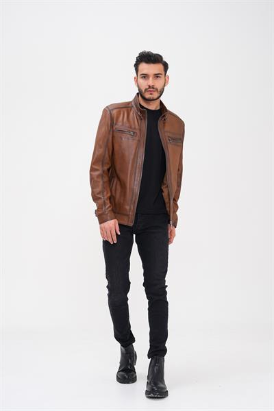 Basics And More Basics&More Men's Chestnut Leather Jacket - Zippered