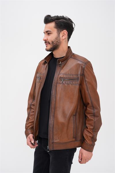 Basics And More Basics&More Men's Chestnut Leather Jacket - Zippered