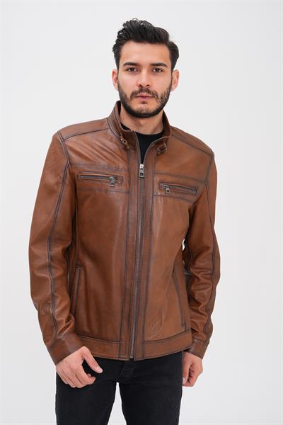 Basics And More Basics&More Men's Chestnut Leather Jacket - Zippered
