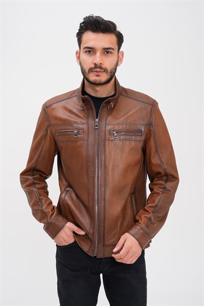 basics and more Basics&More Men's Chestnut Leather Jacket - Zippered