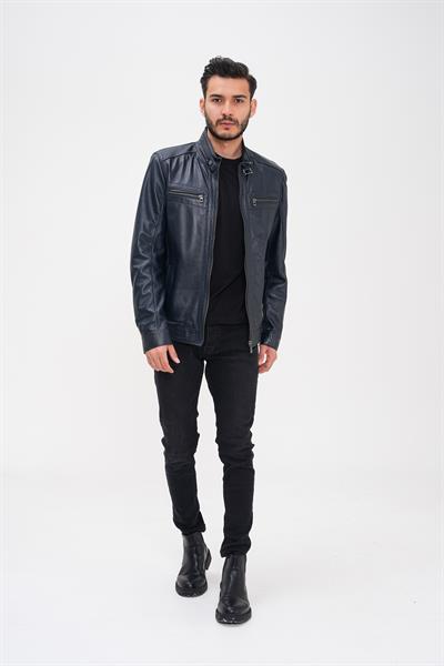 Basics And More Basics&More Men's Dark Navy Blue Leather Jacket - Zippered