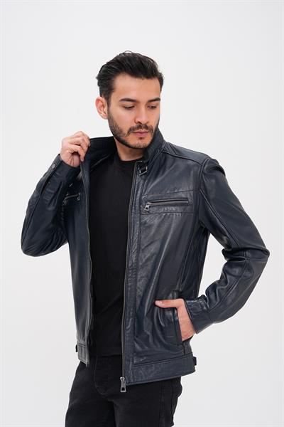 Basics And More Basics&More Men's Dark Navy Blue Leather Jacket - Zippered