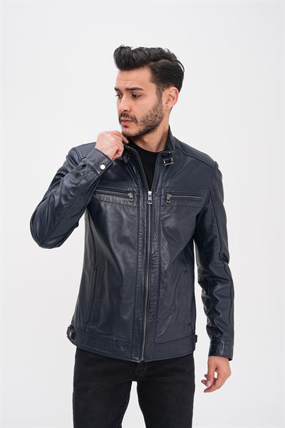 Basics And More Basics&More Men's Dark Navy Blue Leather Jacket - Zippered