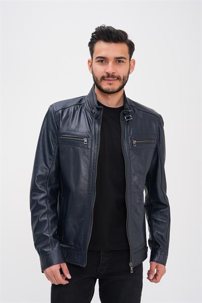 basics and more Basics&More Men's Dark Navy Blue Leather Jacket - Zippered