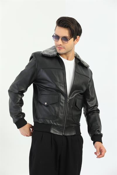 Basics And More Basics&More Men's Fur Collar Black Genuine Leather Pilot Jacket - Tpilot